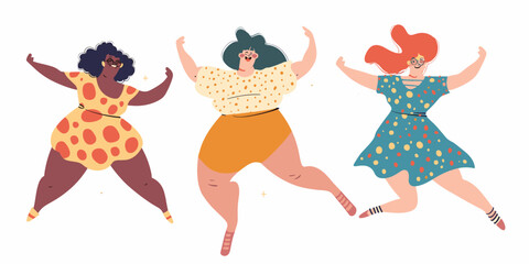 Three plus size women dancing joyfully, colorful dresses, polka dots, diversity, body positivity. Happy female dancers, animation style, energetic, vibrant attire, playful poses. Curvy cartoon © Vectorvstocker