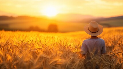Fototapeta premium Farmer in a golden wheat field, with rolling hills and a setting sun