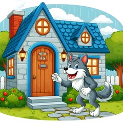 Concept "wolf at the door" or "keep the wolf from the door", a wolf standing at the door of a house