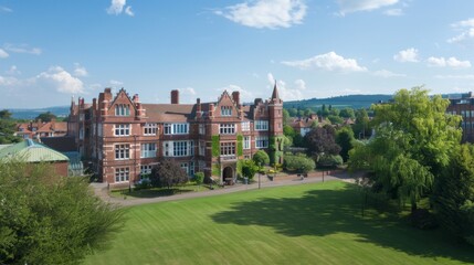 Fototapeta premium Aerial View of a Historic Building with Lush Greenery.