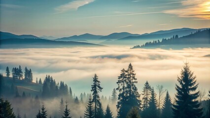 Obraz premium Foggy mountain valley and spruce trees forest silhouette at sunrise, beautiful nature and landscape on a perfect day