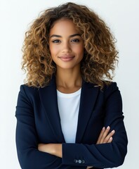 portrait of a beautiful smiling business woman with curly hair wearing a navy blue suit, white t-shirt
