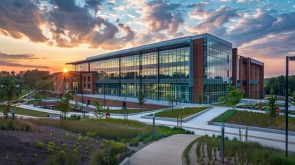 Obraz premium Modern Building with Sunset Reflection.