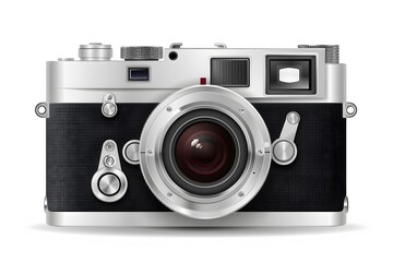 Black professional camera and lens for photography isolated on a white background.	