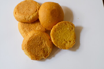 Dry bagelen bread on white isolate background, bagelen is an original product typical of Purworejo, Central Java
