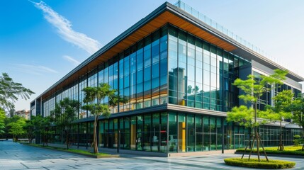 Obraz premium Modern Glass Building with Green Trees.