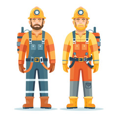 Two cartoon miners standing confidently, one holding pickaxe. Both wear safety helmets lamps, work boots, high visibility clothing. Illustrated male workers show professionalism readiness