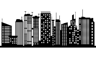 Black silhouette of modern city on white background