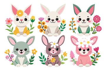 Six Adorable Cartoon Bunnies Surrounded by Colorful Flowers