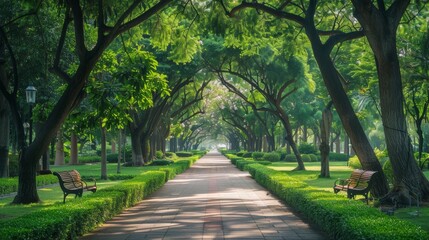 Fototapeta premium Tranquil Pathway Through Lush Green Trees in a Park.