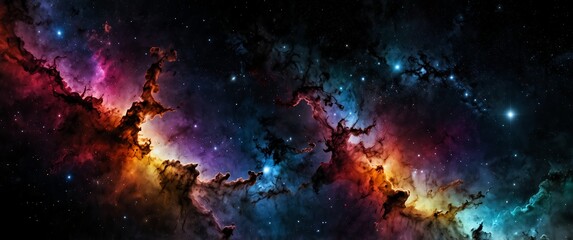 Fototapeta premium colorful formation of celestial space galaxy plain black background wide angle panoramic view backdrop copy space