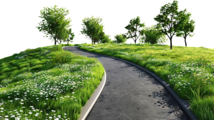 Winding path through lush green grass and bushes, cut out