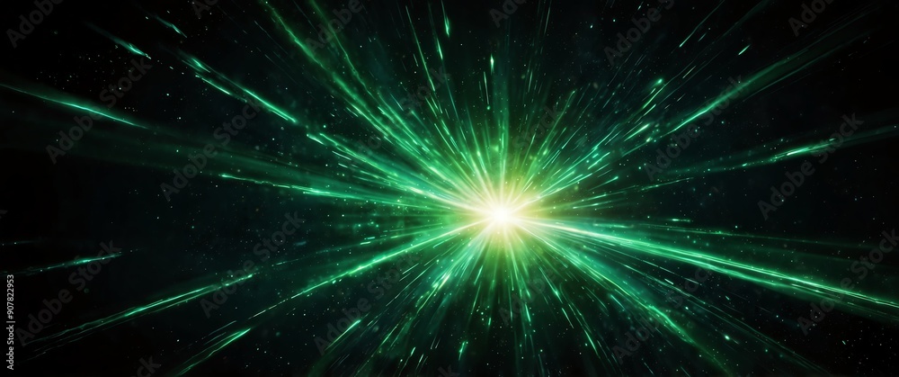 Wall mural green lights explosion in space galaxy plain black background wide angle panoramic view backdrop cop