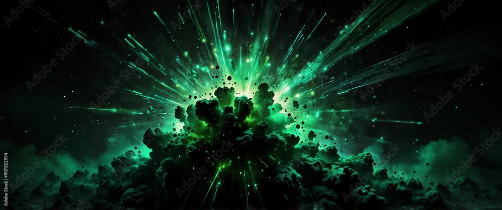 Wall mural green lights explosion in space galaxy plain black background wide angle panoramic view backdrop cop