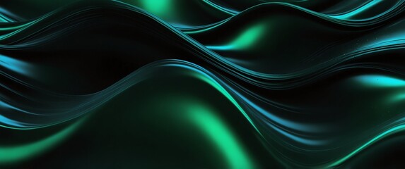 Obraz premium green abstract metallic liquid waves plain black background wide angle panoramic view backdrop copy space