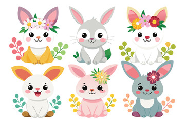 Six Adorable Bunnies with Floral Headbands and Foliage