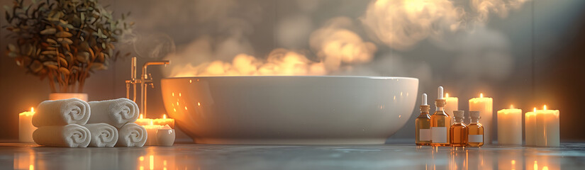 Luxurious spa bathroom, essential oils and candles, relaxing spa banner