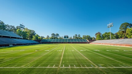 Obraz premium Empty Football Stadium Field with Clear Blue Sky.