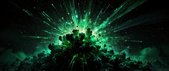 green lights explosion in space galaxy plain black background wide angle panoramic view backdrop copy space