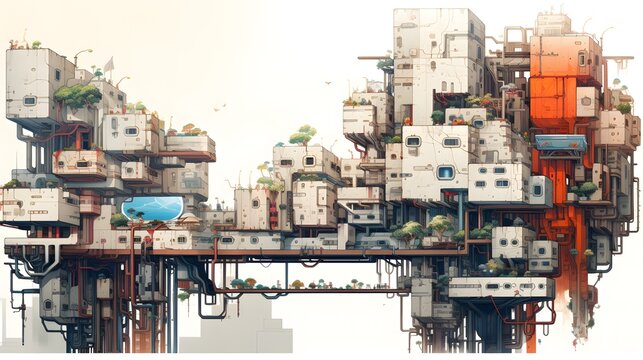 Futuristic floating cityscape with high-tech buildings and platforms.