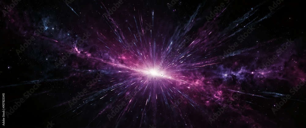 Wall mural purple lights explosion in space galaxy plain black background wide angle panoramic view backdrop co