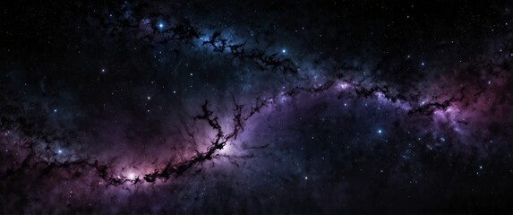 purple formation of celestial space galaxy plain black background wide angle panoramic view backdrop copy space