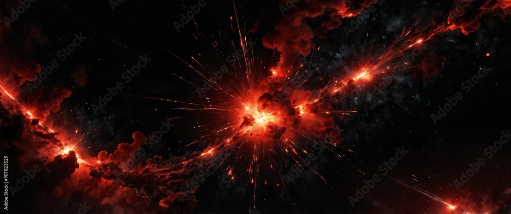 Wall mural red lights explosion in space galaxy plain black background wide angle panoramic view backdrop copy 