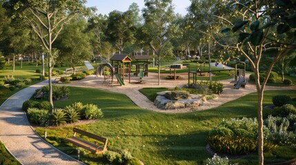 Generate a photo realistic image of a maquette showcasing a community park with green spaces, playgrounds, and recreational facilities; ensure the image is of high resolution for clear 