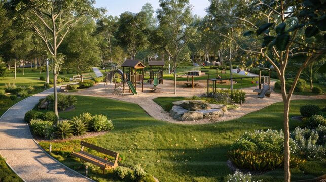 Generate a photo realistic image of a maquette showcasing a community park with green spaces, playgrounds, and recreational facilities; ensure the image is of high resolution for clear 