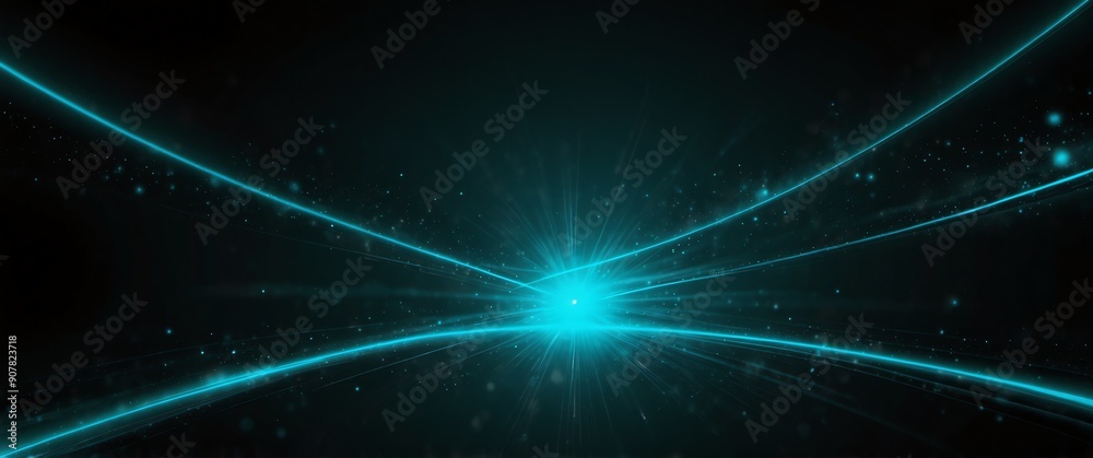 Wall mural teal abstract lights in space plain black background wide angle panoramic view backdrop copy space