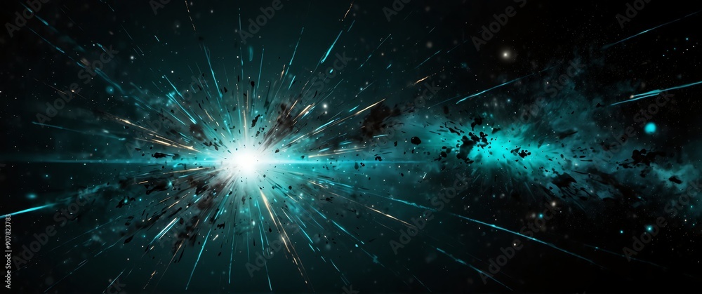 Wall mural teal lights explosion in space galaxy plain black background wide angle panoramic view backdrop copy