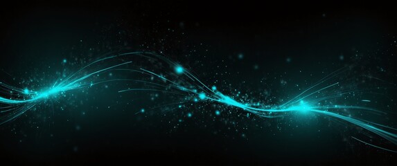 teal abstract lights in space plain black background wide angle panoramic view backdrop copy space