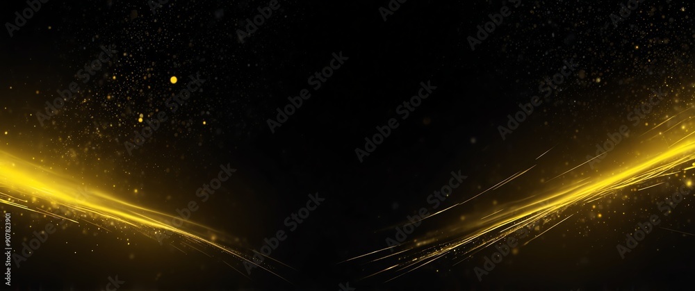 Wall mural yellow abstract lights in space plain black background wide angle panoramic view backdrop copy space