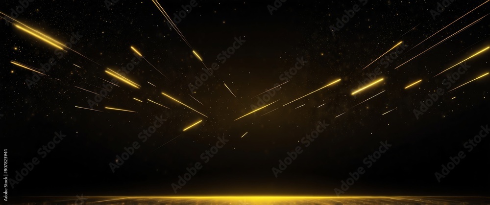 Wall mural yellow abstract lights in space plain black background wide angle panoramic view backdrop copy space