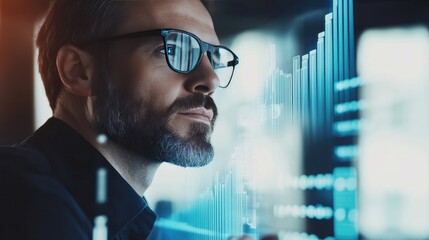 Businessman analyzing financial charts on a transparent screen, embodying the concept of innovative financial solutions