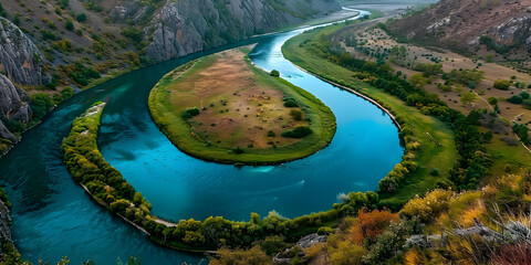 Aerial View of a Serpentine River Winding Through a Lush Valley - Photo