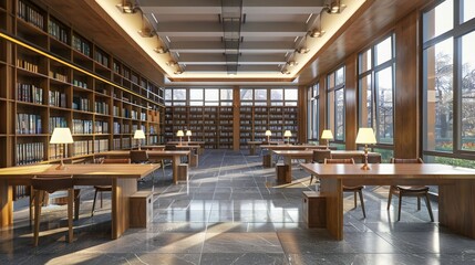 Modern Library Interior with Sunlight Streaming Through Windows.