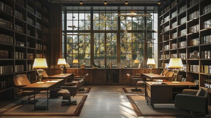 Luxurious Library with Large Windows and Comfortable Seating.