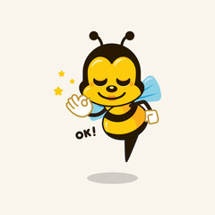 Cartoon bumble bee mascot giving ok hand. OK, confidence icon vector illustration isolated on white background.