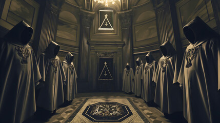 A secret society at their traditional gathering, where the meeting is kept entirely secret, requiring all members to wear masks.