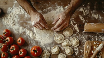 Fototapeta premium Cook making pasties with dough on wooden background Empty area 