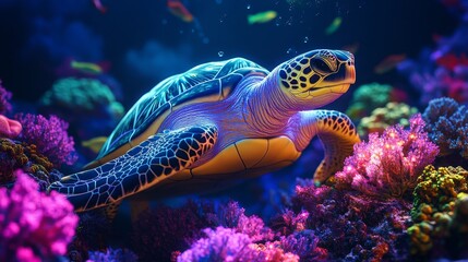 Obraz premium Vibrant sea turtle swimming through colorful coral reef in a magical underwater world