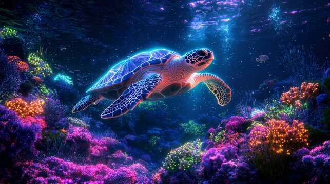 Neon glowing sea turtle swimming through a vibrant underwater coral reef in a colorful ocean fantasy scene