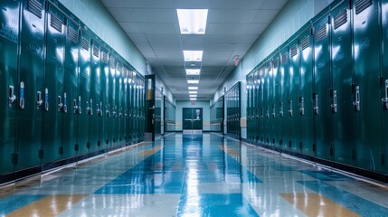 Fototapeta premium Empty School Hallway with Green Lockers.