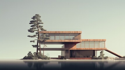 Modern house with a cantilever design overlooking a serene landscape.