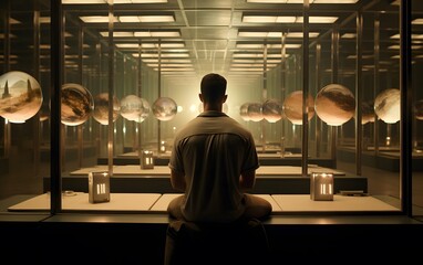 Obraz premium Person contemplating in a modern art installation with spherical lights.