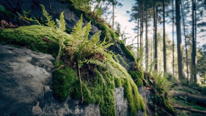 Fototapeta premium A moss covered rocks in a forest with trees and grass, AI