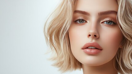 Naklejka premium Close-up portrait of a beautiful woman with a blonde bob hairstyle, showcasing fashion, cosmetics, and makeup trends