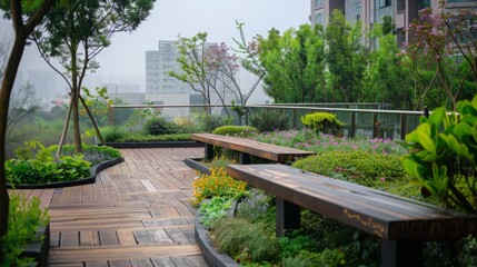 Obraz premium Wooden Bench and Walkway on Rooftop Garden.