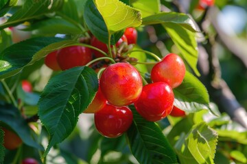 Bunch of cherries on tree close up view.